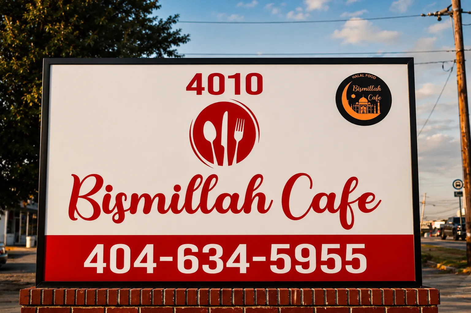 Bismillah Cafe sign at sunset
